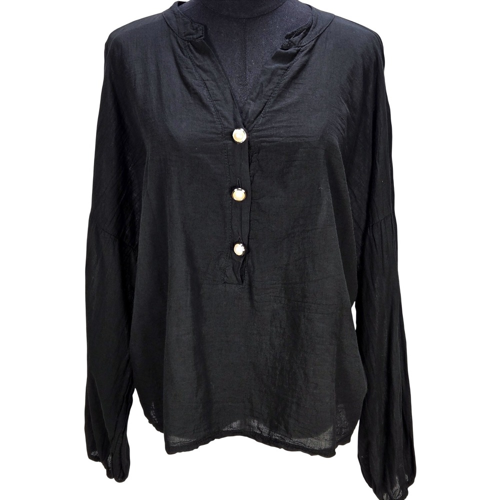 Women's Tandem OS Black Viscose Blouse‎ Pearl Button Made in Italy Top Lagenlook